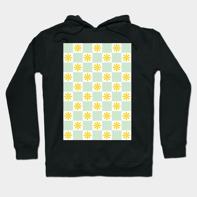 Retro Yellow, Green Checkered Floral Pattern Hoodie by Just a Cute World